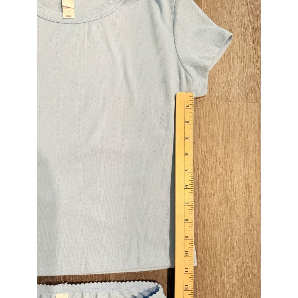 Auden Baby Blue Pointelle Pajama Set Top S /Bottom XS Wide Leg Scallop Trim - Picture 9 of 10